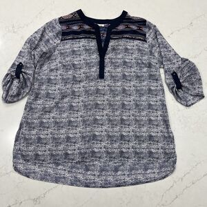 Antilia‎ Femme Womens 1X Navy Blue Aztec Southwest Roll Tab 3/4 Sleeve Top Shirt